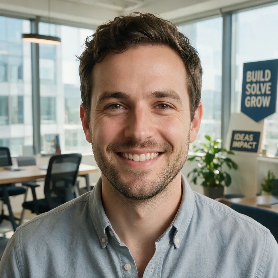 Startup founder headshot in a bright office with a casual shirt and friendly smile