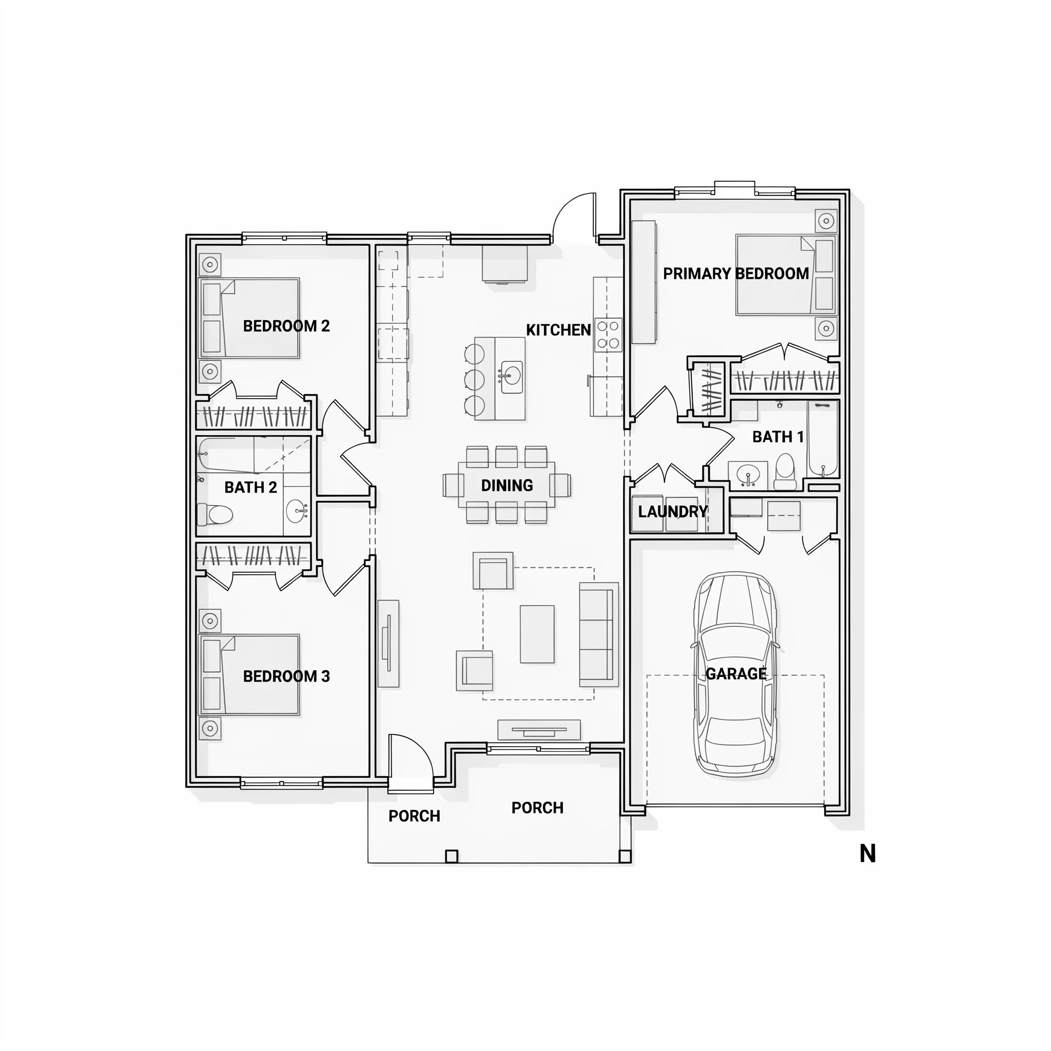 Top-down floor plan of a three-bedroom single-story house