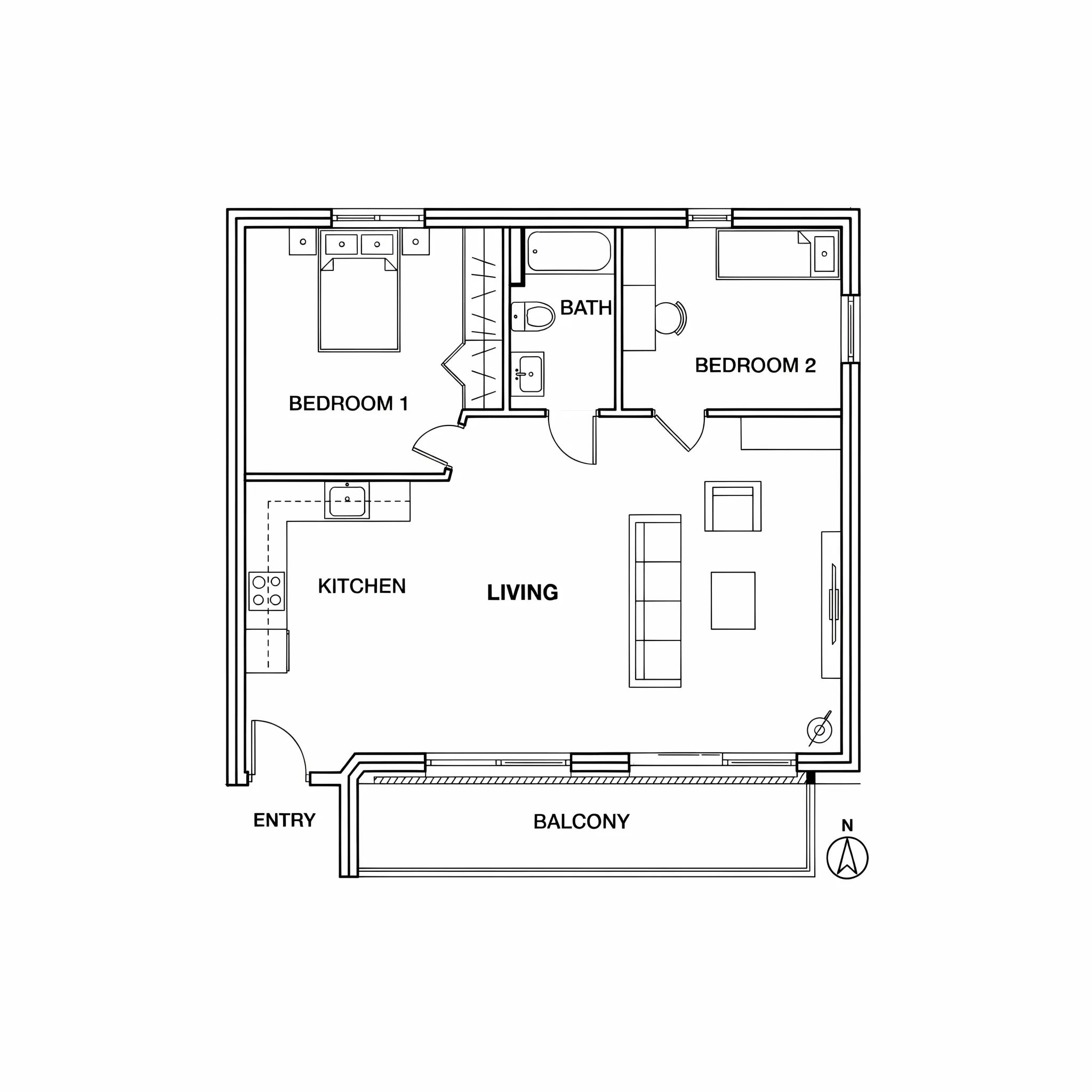 Floor plan of a compact two-bedroom apartment