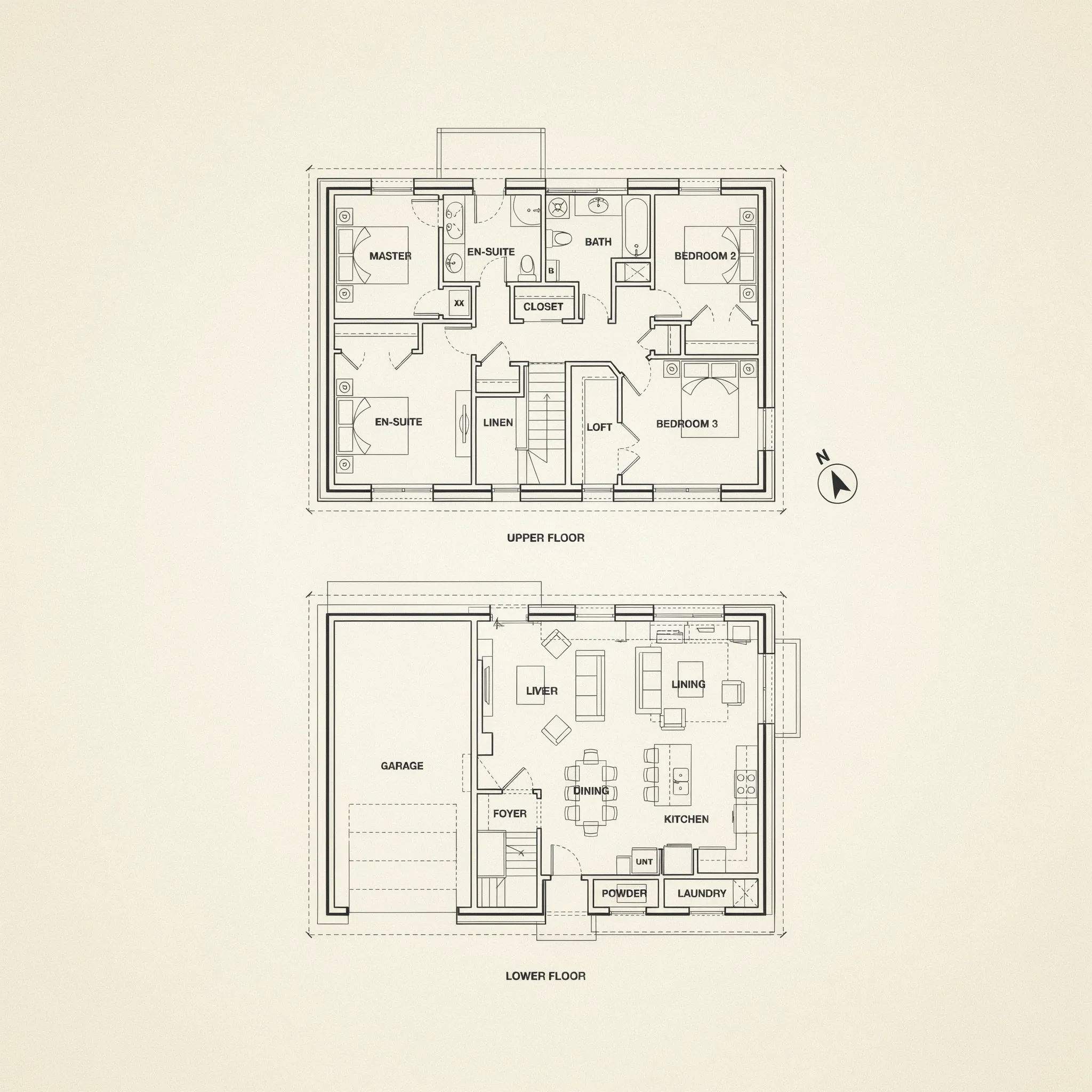 Two-story house plan shown as stacked floor plates