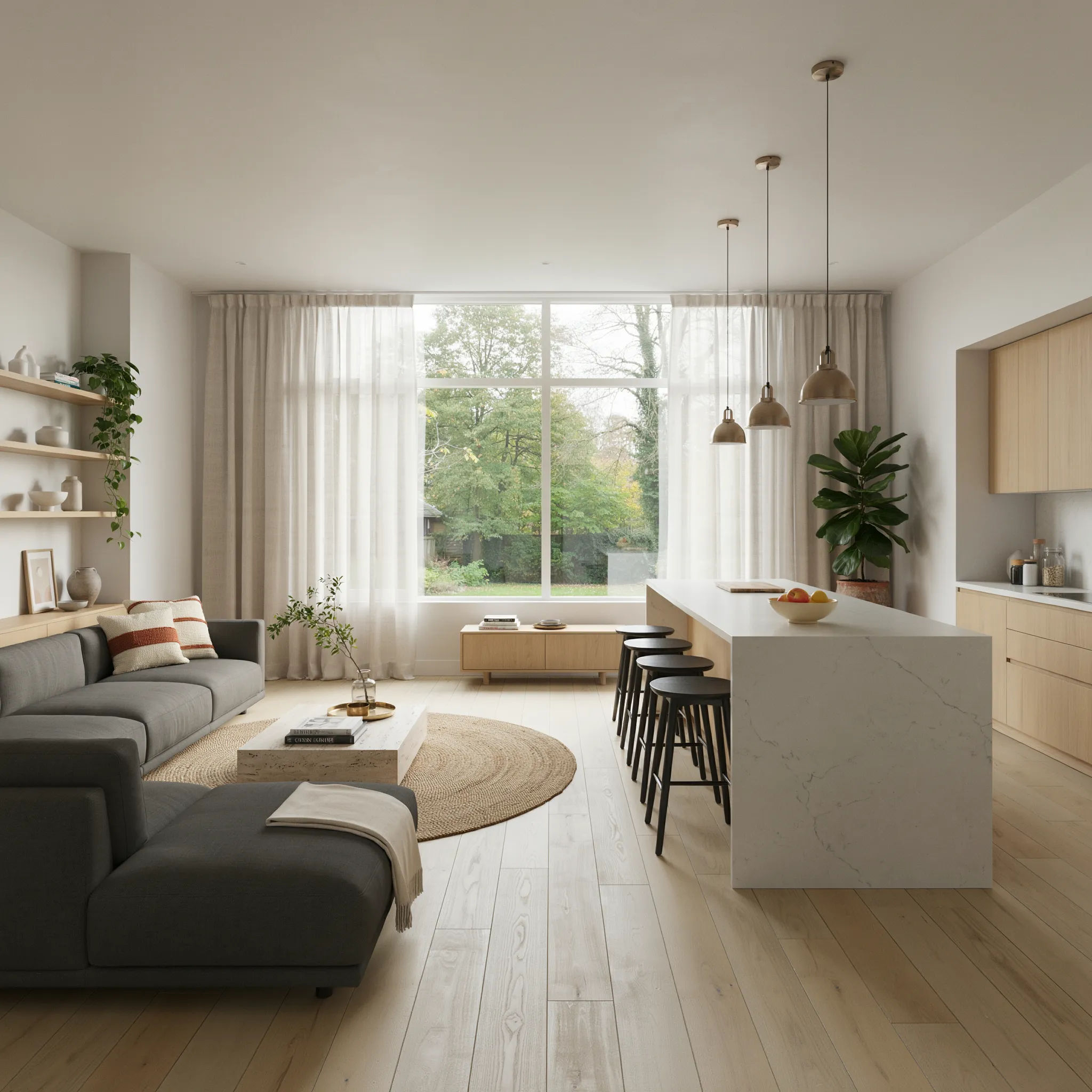 Interior render of an open kitchen and living area