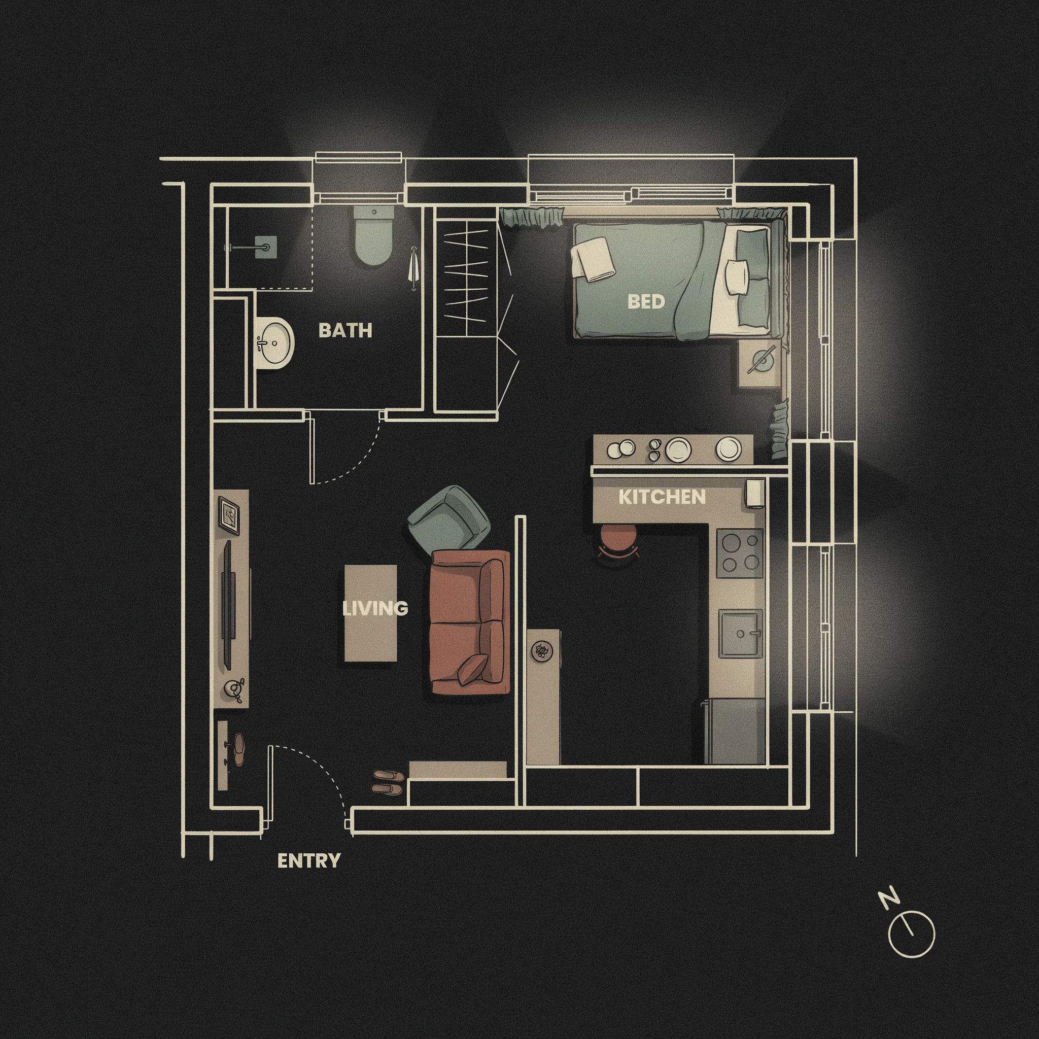 Floor plan of a small studio apartment