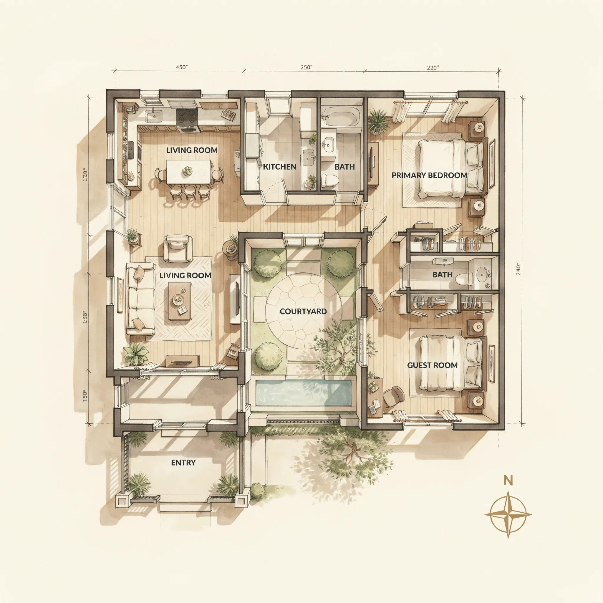 Floor plan of a garden home around a courtyard
