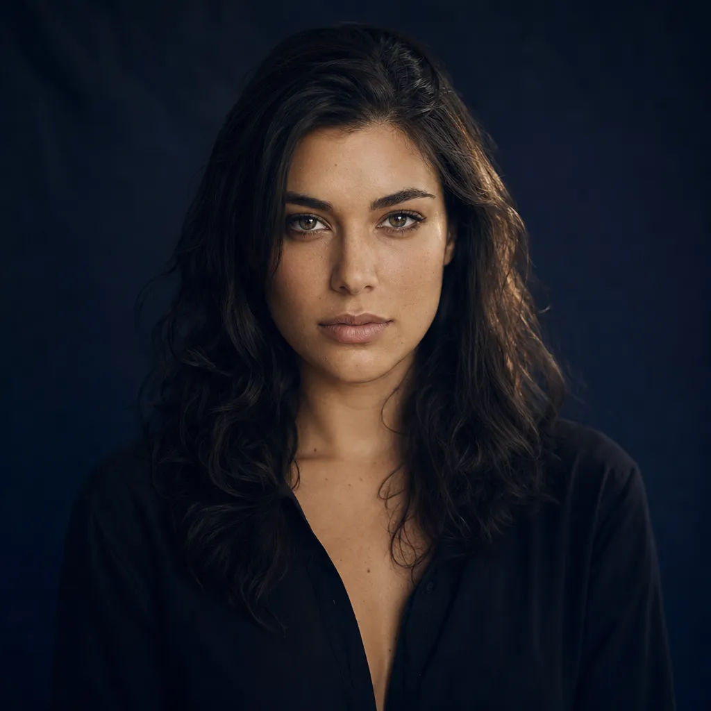 Cinematic portrait with navy backdrop and soft studio rim light