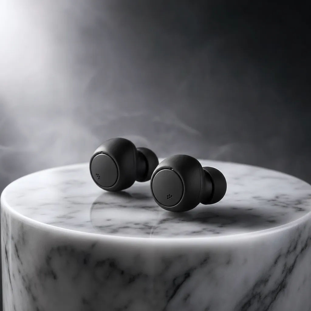Matte-black wireless earbuds on a marble pedestal, premium product shot