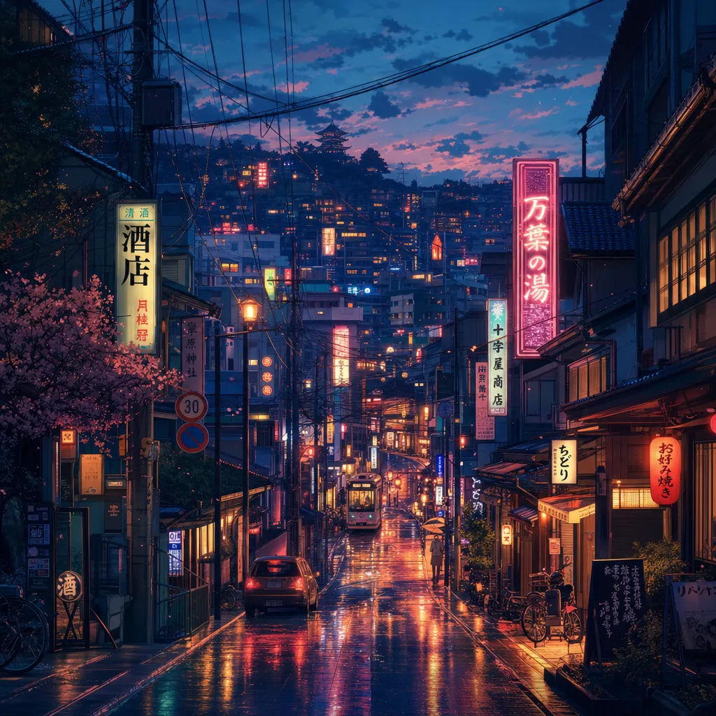 Anime city street at dusk with neon reflections on wet pavement