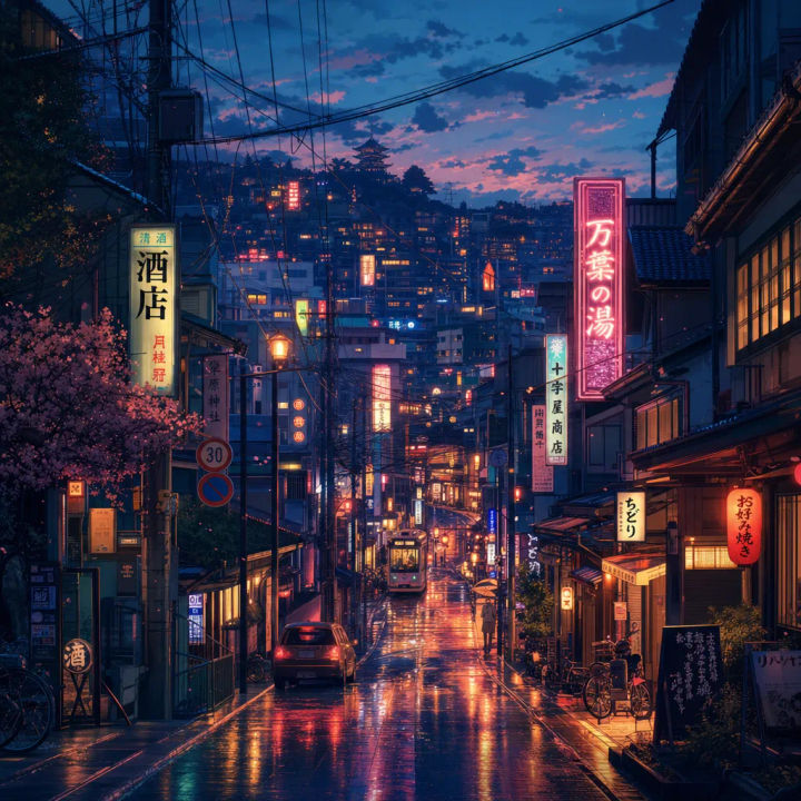 Alacakaranlıkta ıslak zeminde yansımalar olan yapay zeka anime şehir sokağı