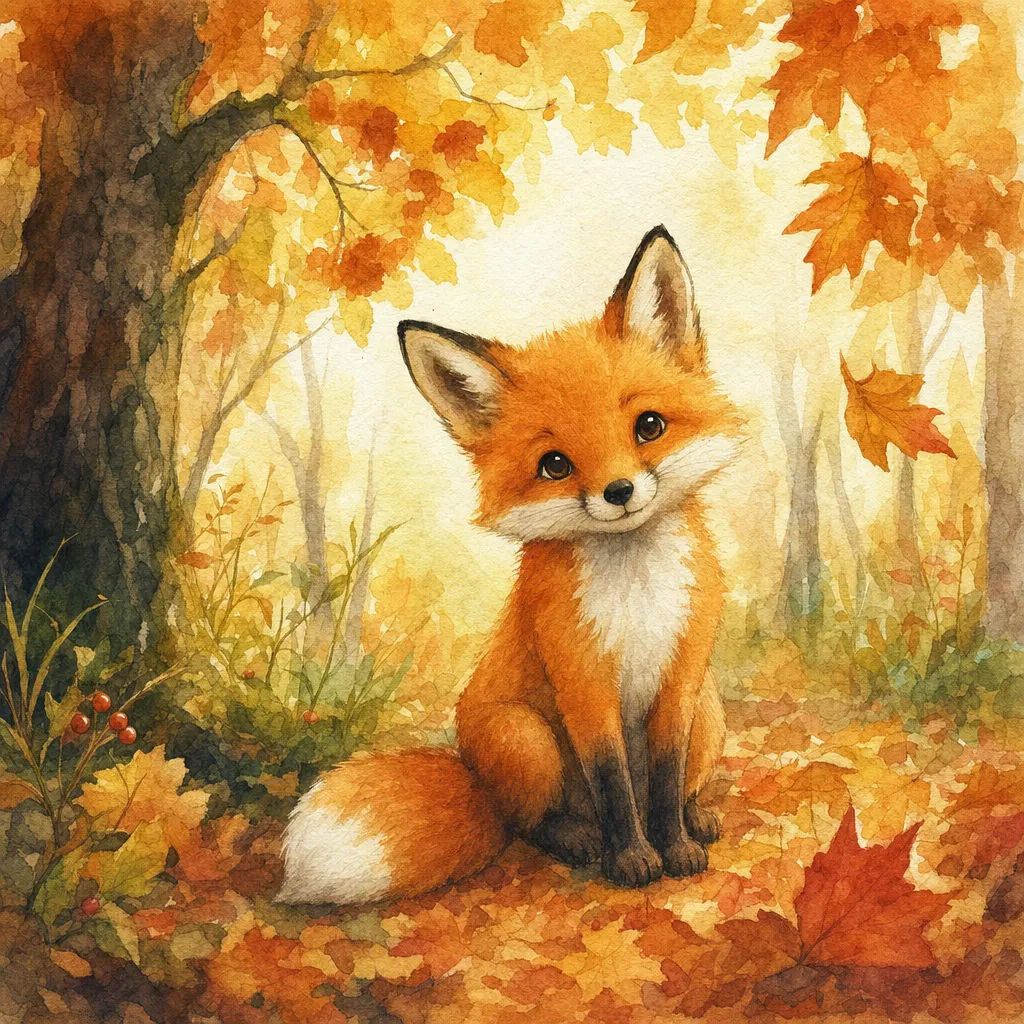 Storybook watercolor of a fox in an autumn forest