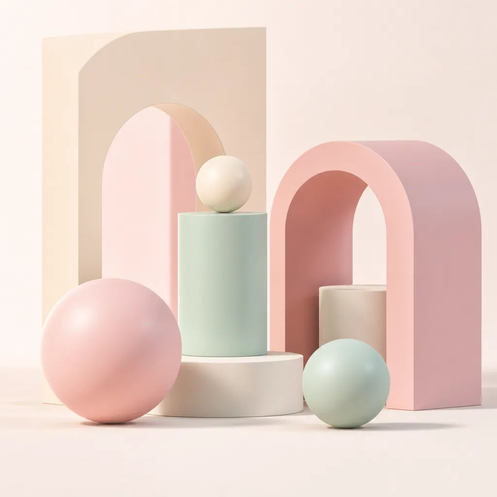 Glossy 3D render of a pastel geometric still life
