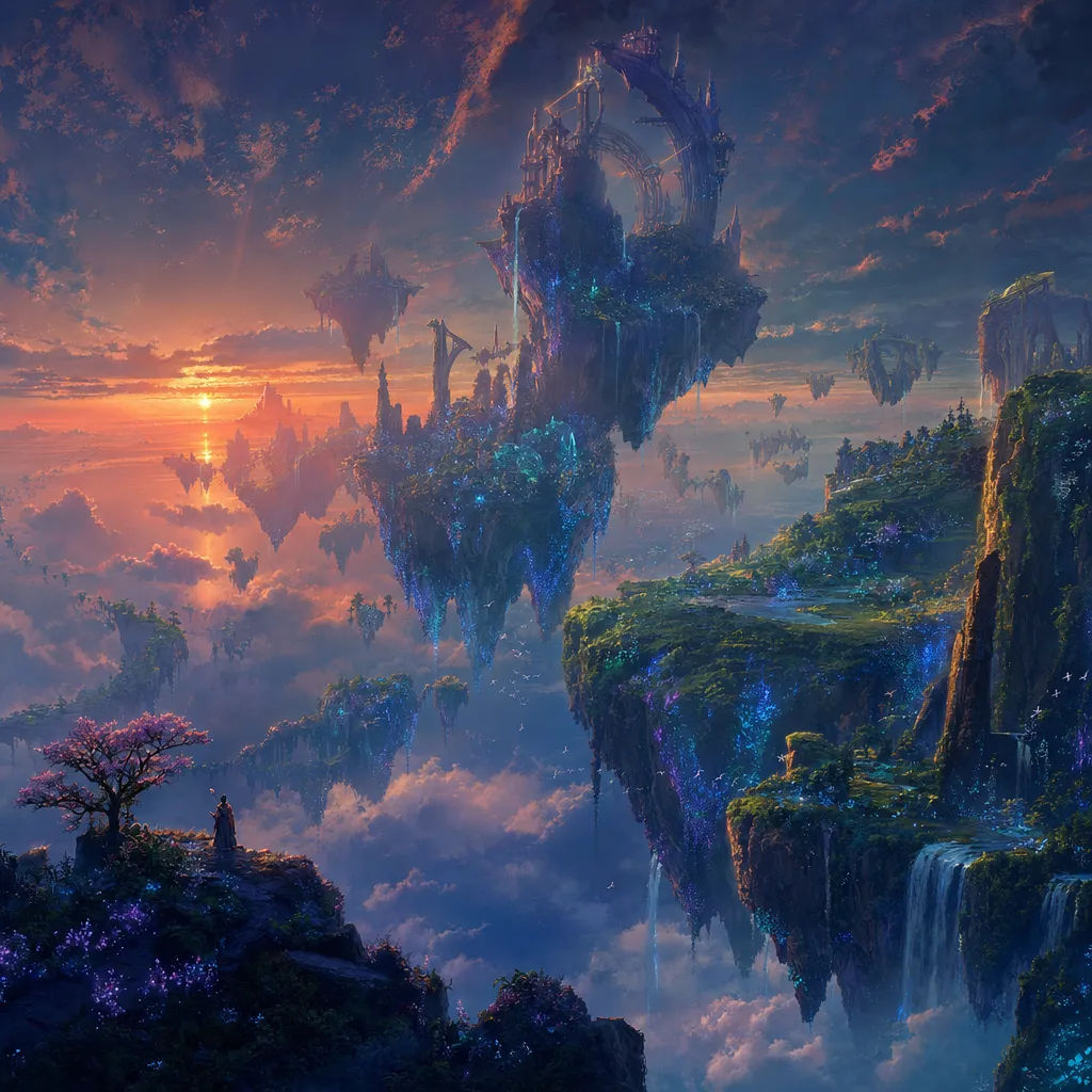 Surreal floating archipelago at dusk with bioluminescent flora