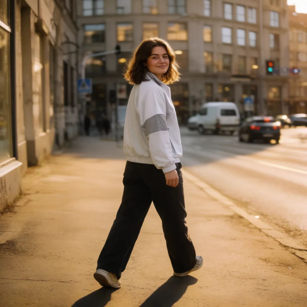 Street photo relit to golden-hour backlight with long shadows