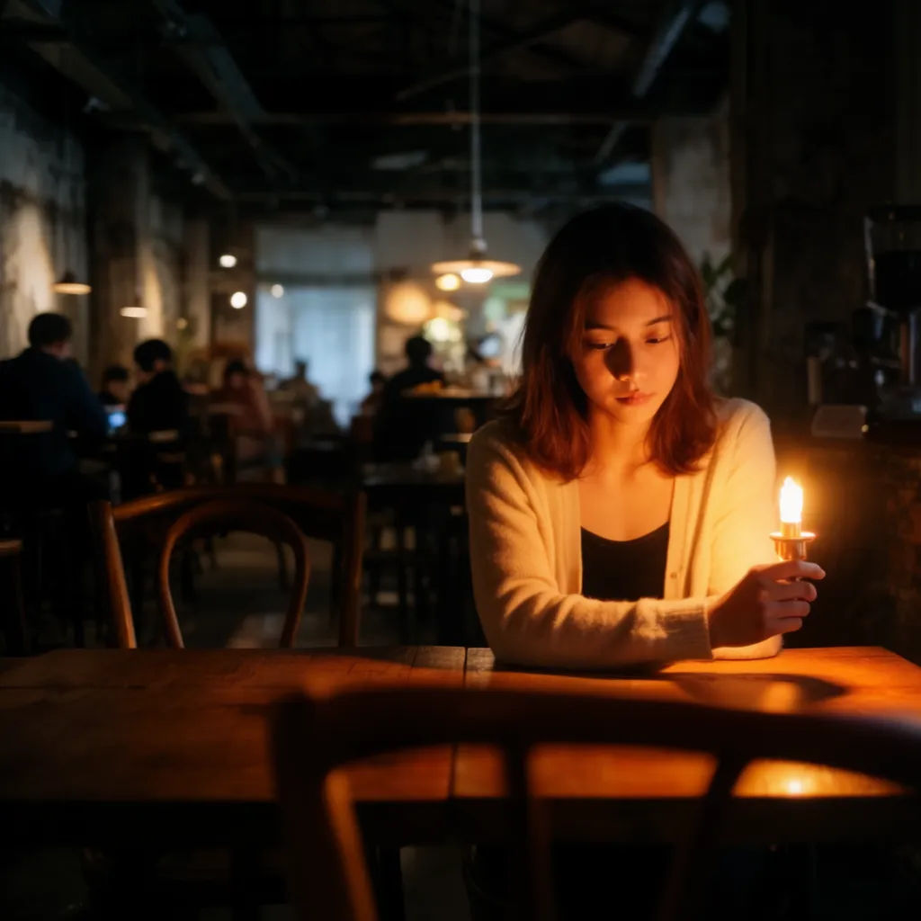 Cafe interior relit to a cool blue evening with one warm lamp