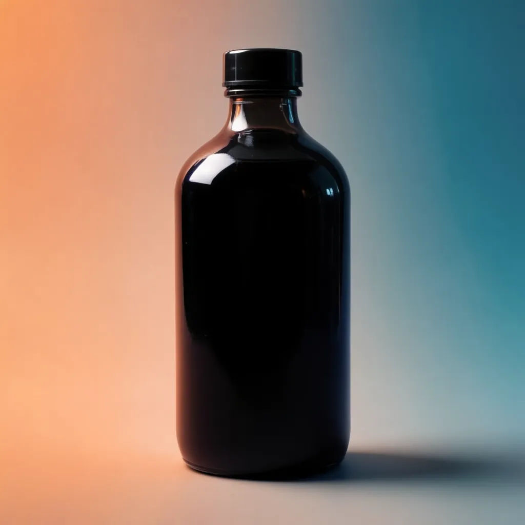 Product bottle relit with a soft overhead studio key light