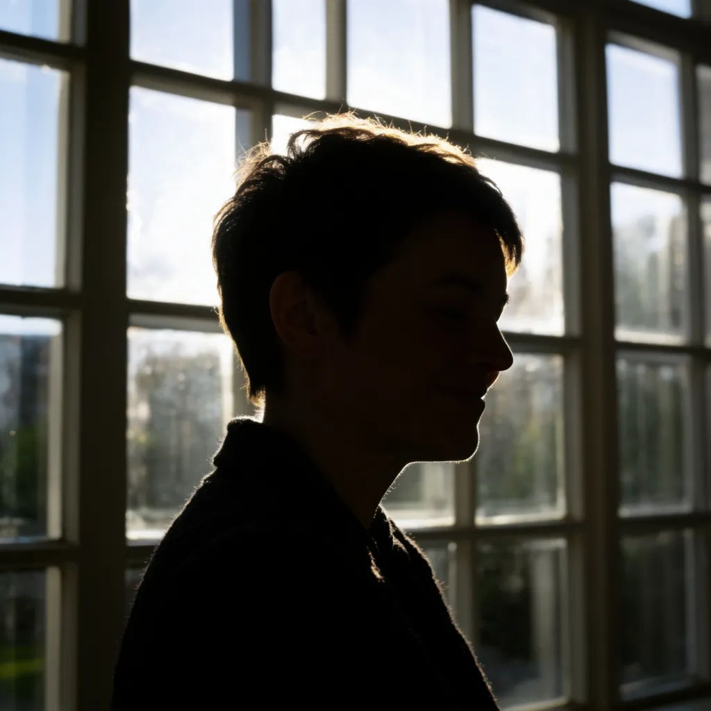 Figure relit with a bright backlit rim glowing around the edges