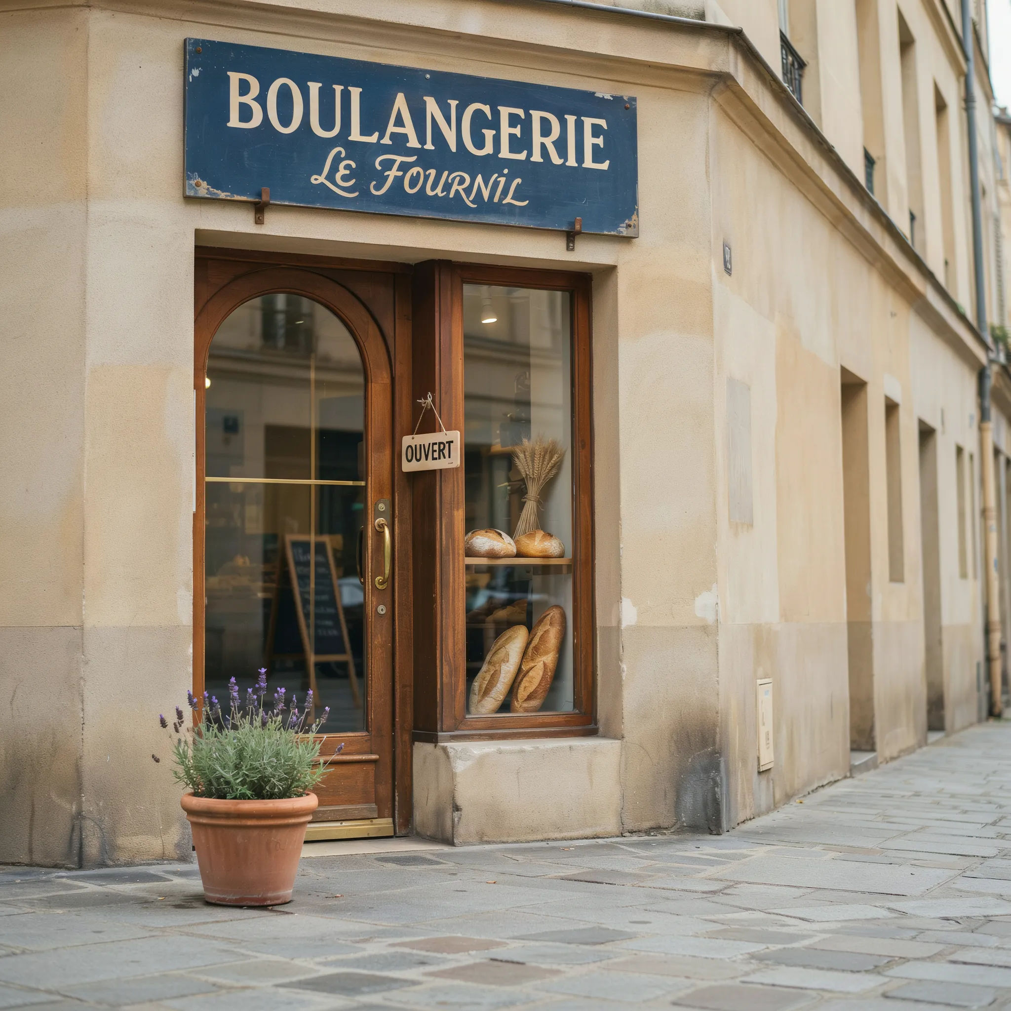 Storefront sign translated into French kept at the original perspective