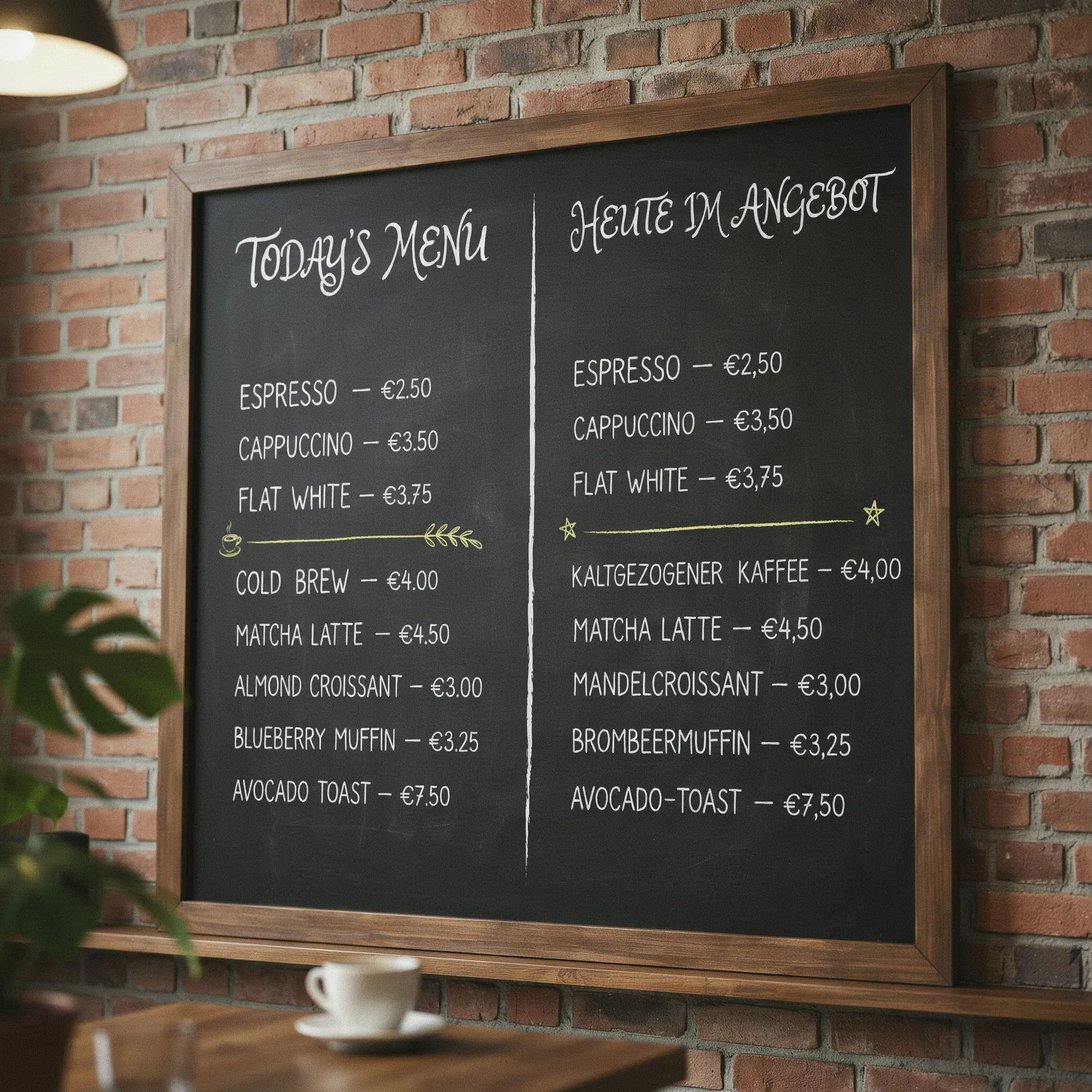 Cafe chalkboard menu translated into German in a matching chalk style