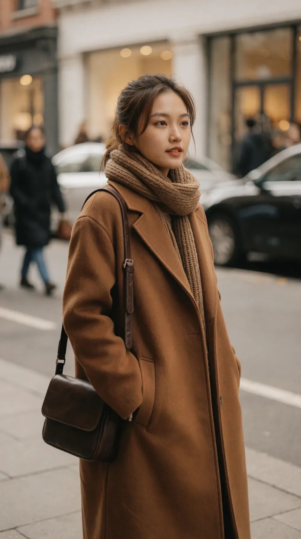 Virtual creator in city street style wearing an autumn coat against an urban background
