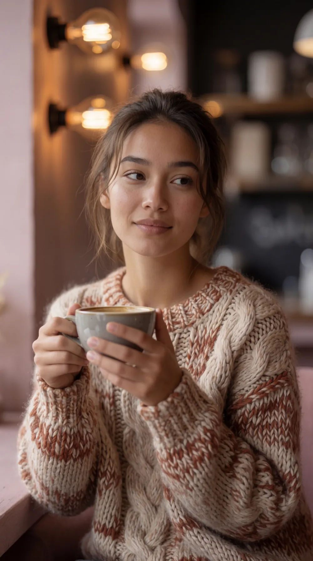 Virtual creator in a cafe with warm ambient light wearing a knit sweater and holding a coffee cup