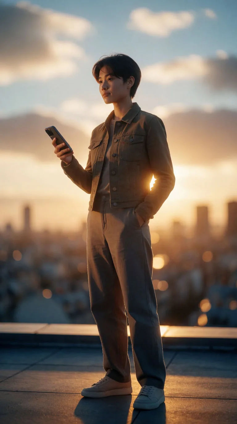 Photoreal virtual creator on a city rooftop at golden hour with a blurred skyline