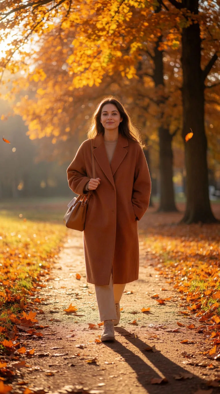 Photoreal virtual creator walking through an autumn park in a warm coat