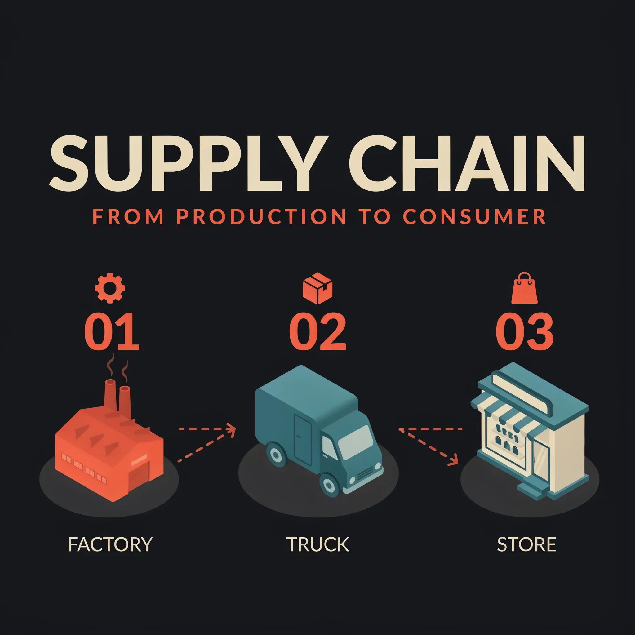 Isometric infographic showing a supply chain with connected icons