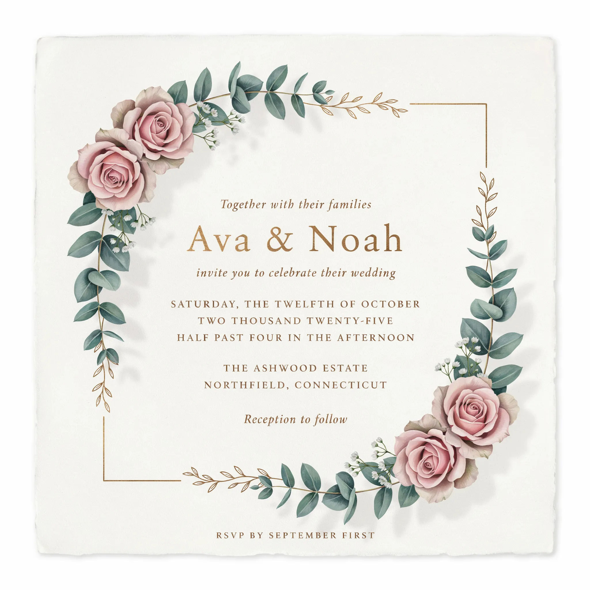 Elegant floral wedding invitation with gold serif names