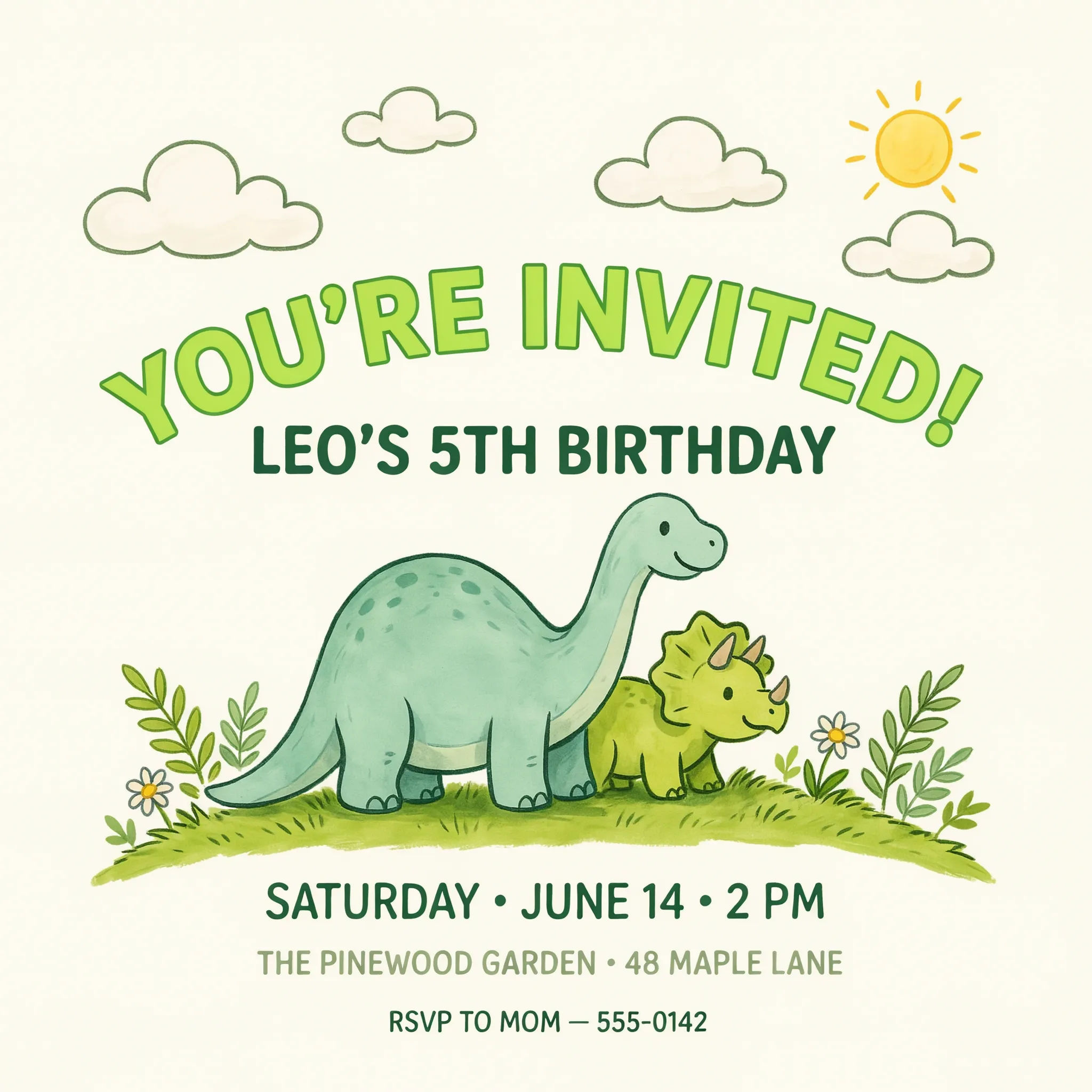 Playful dinosaur-themed kids birthday invitation