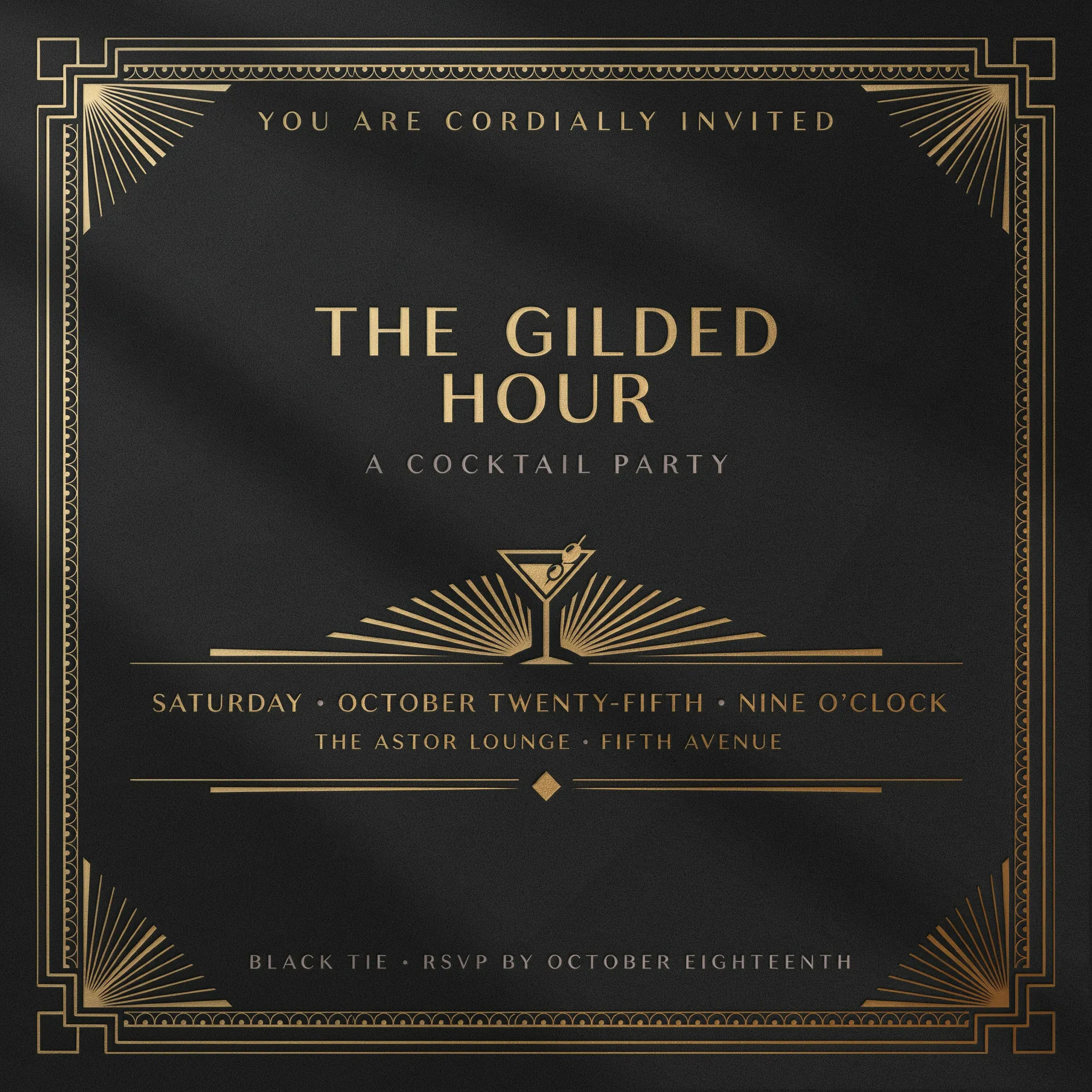 Art deco cocktail party invitation in black and gold