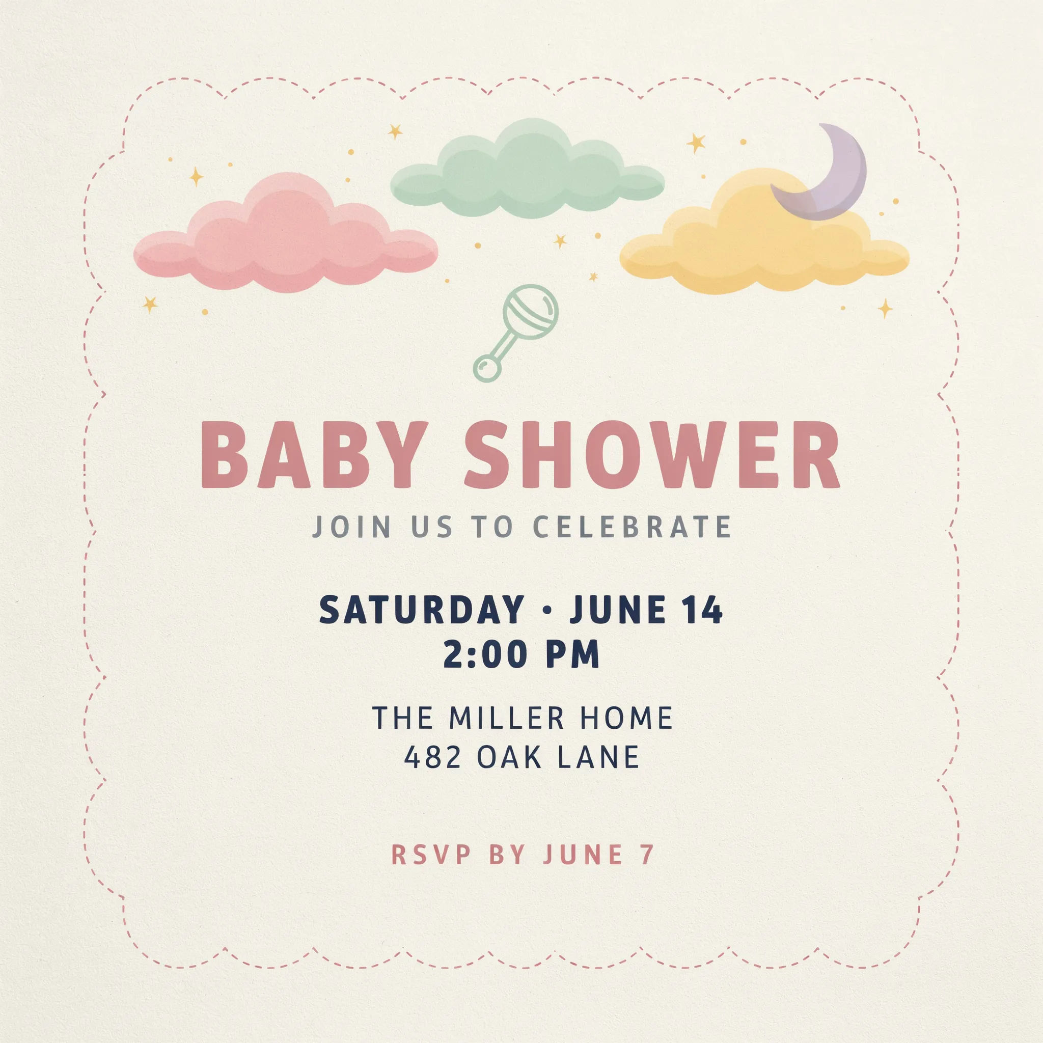 Pastel baby shower invitation with clouds and stars