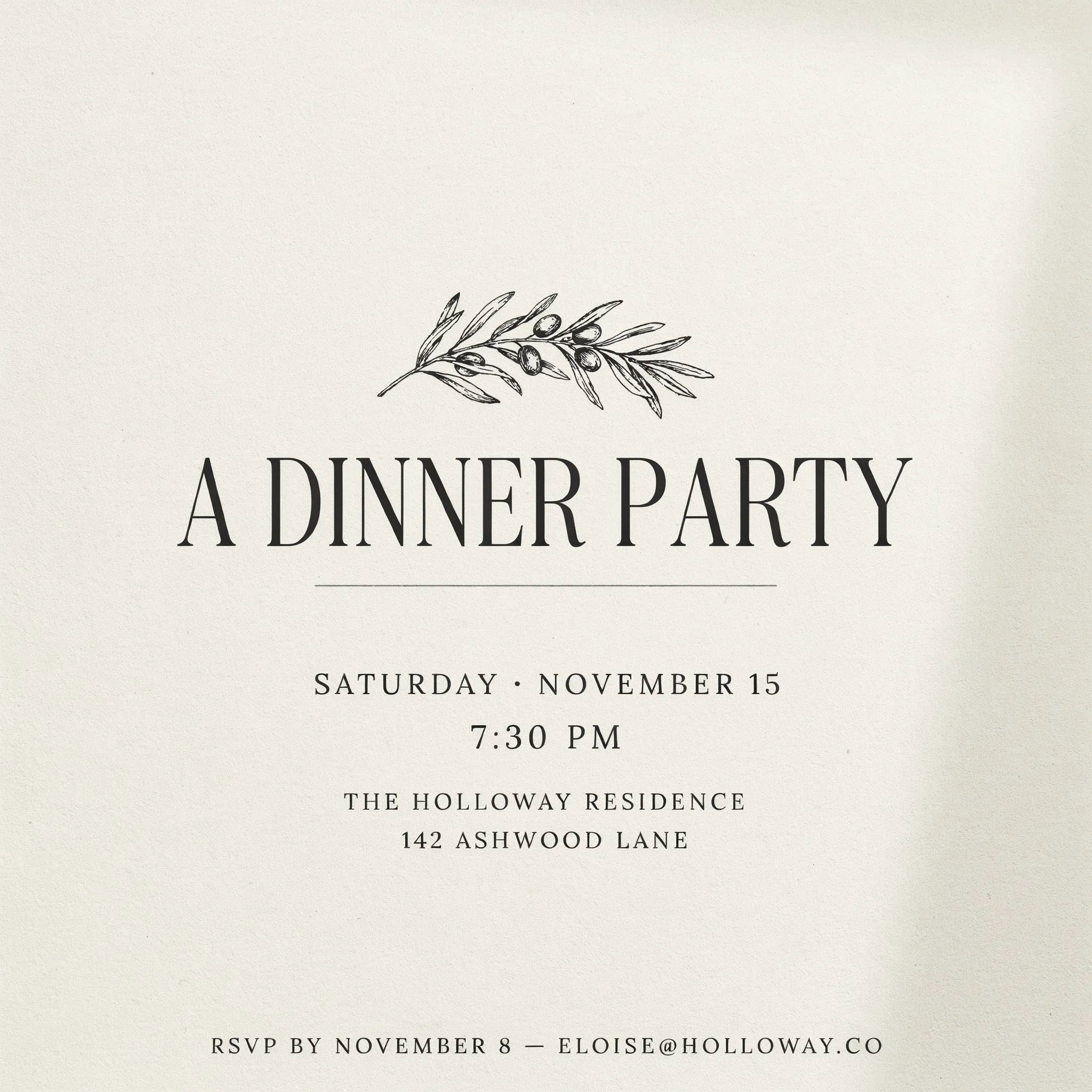 Minimal dinner party invitation with a line-drawn olive branch