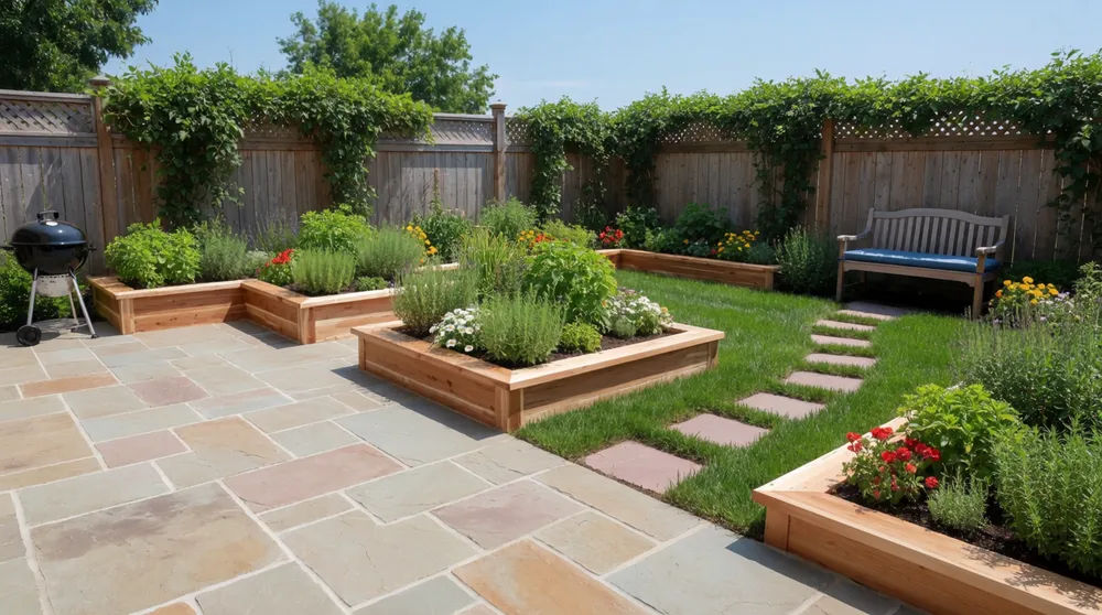 Backyard redesigned with a paved patio, raised planting beds, and a stepping-stone path