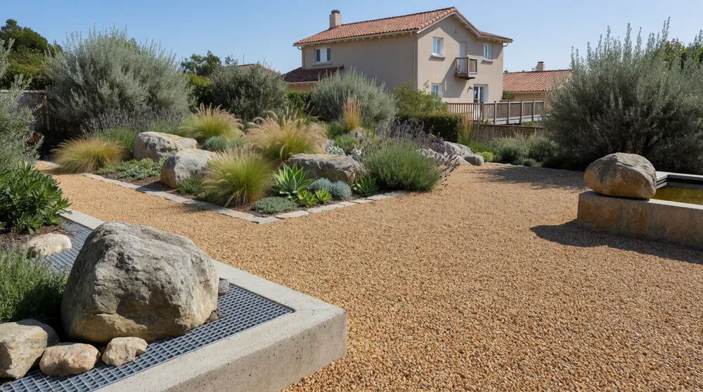 Yard redesigned as a low-maintenance gravel garden with drought-tolerant planting