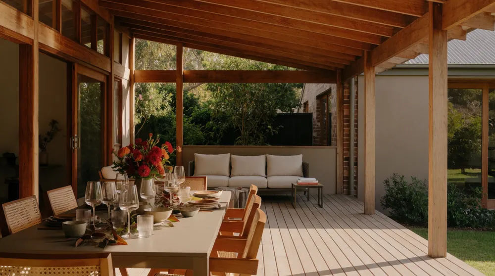 Patio redesigned with a timber deck, a pergola, and outdoor seating