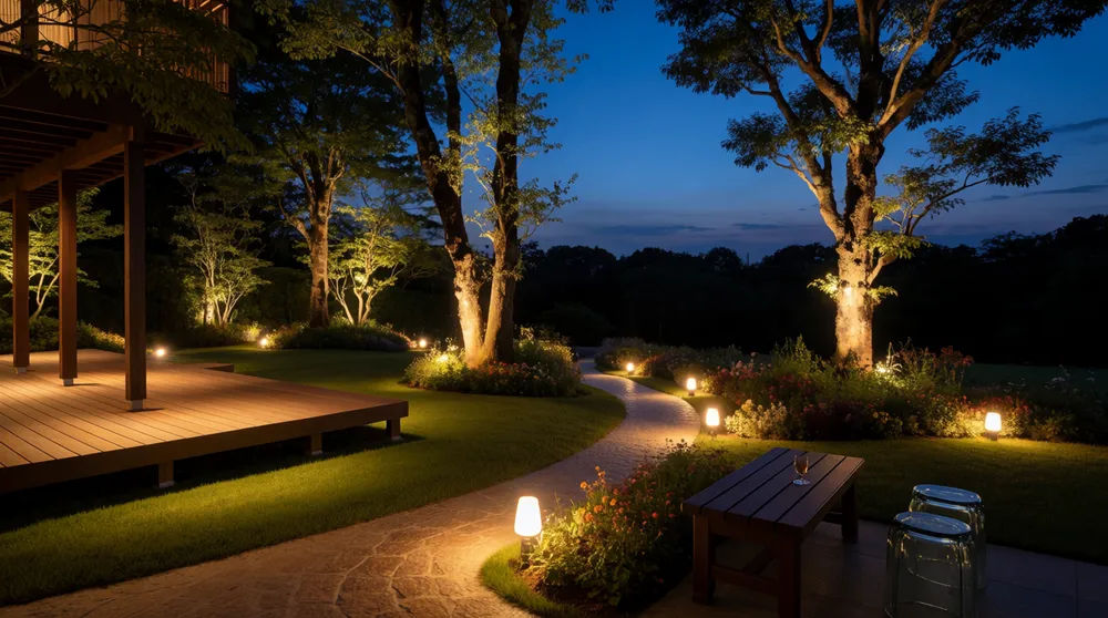 Garden redesigned at dusk with warm path lighting, uplit trees, and a lit deck