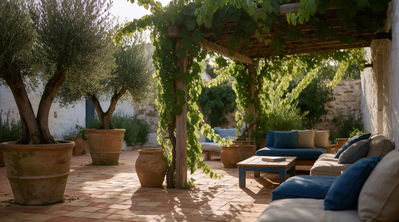 Backyard redesigned as a Mediterranean terrace with terracotta tiles and olive trees