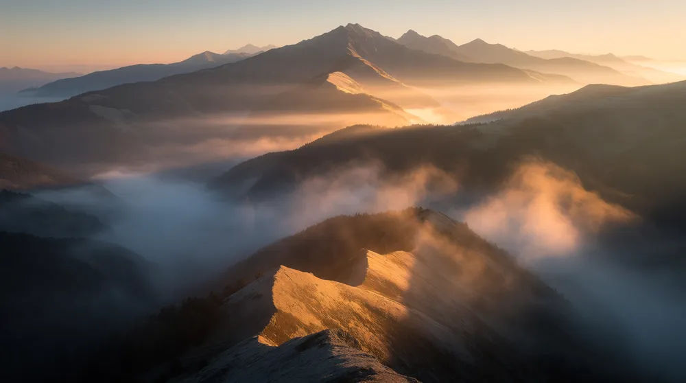 Misty mountain range at sunrise with layered ridges and low golden light
