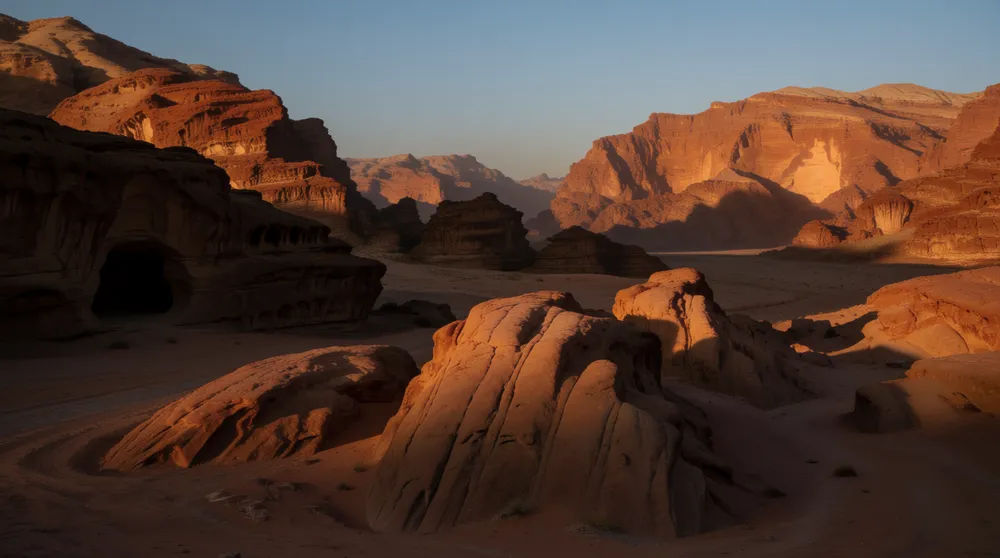 Red rock desert canyon at sunset with warm side light and deep shadows