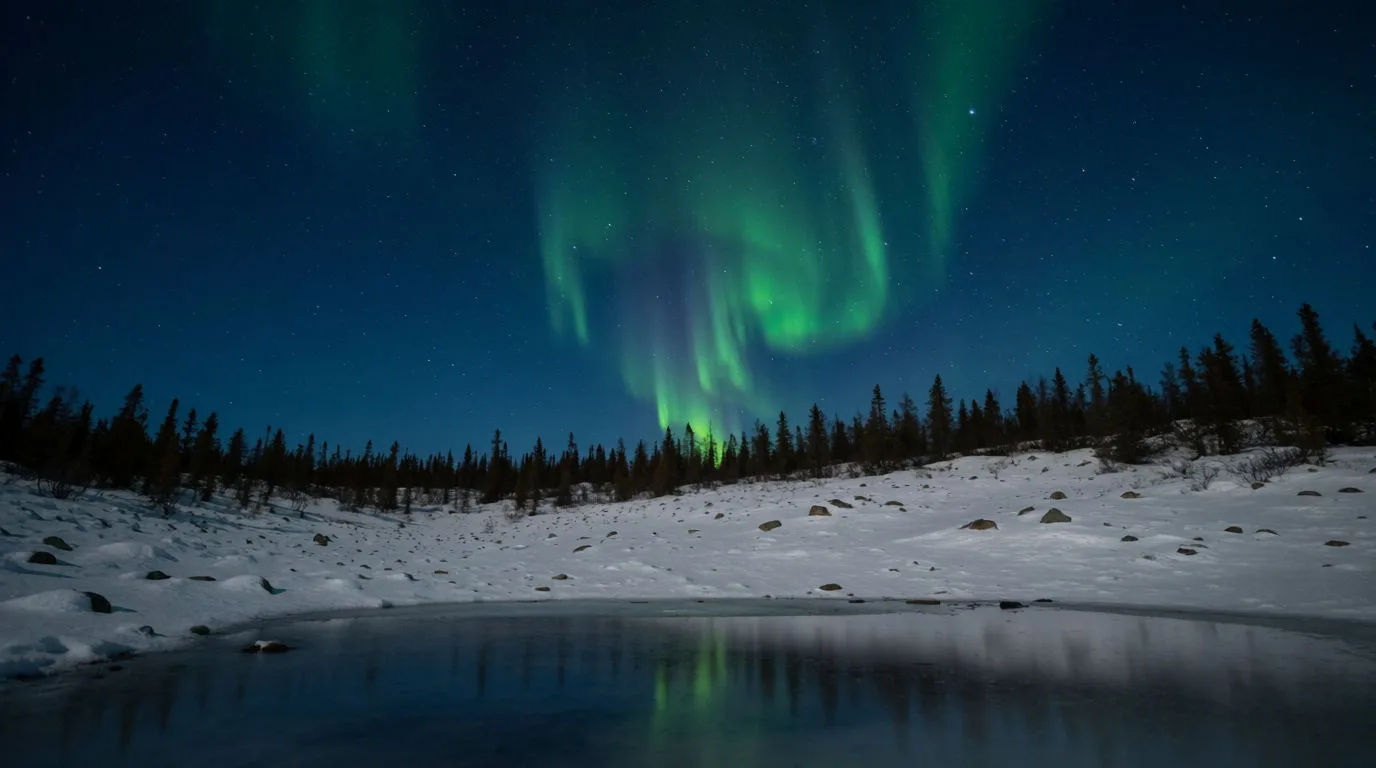 A snowy arctic landscape under a vivid green aurora reflected in a frozen lake