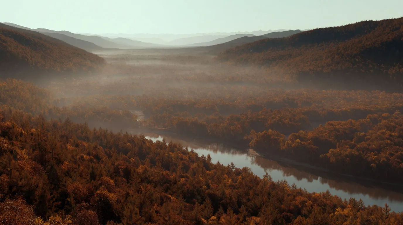 A broad autumn valley of orange and gold foliage with a winding river below