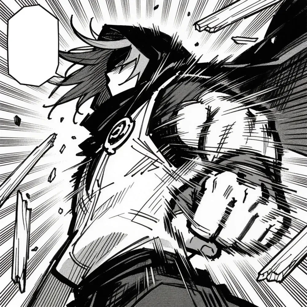 Shonen manga action panel with heavy ink lines, screentone, and speed lines