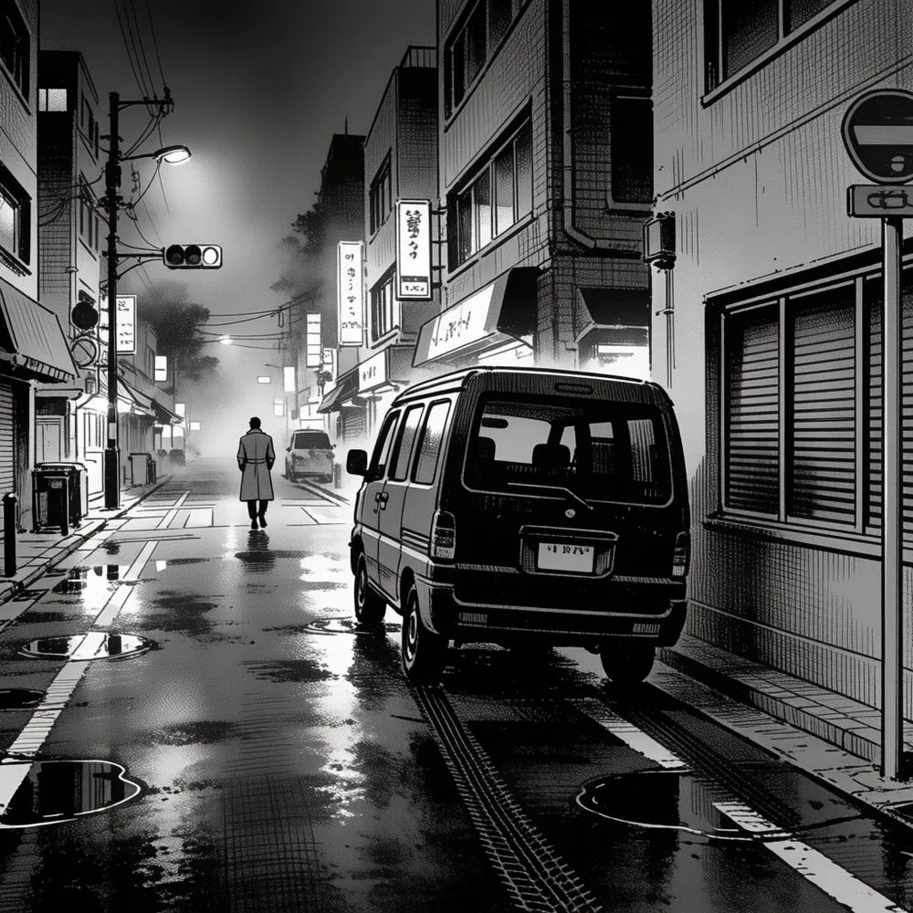 Seinen manga street scene with realistic proportions and deep-black shadows in the rain