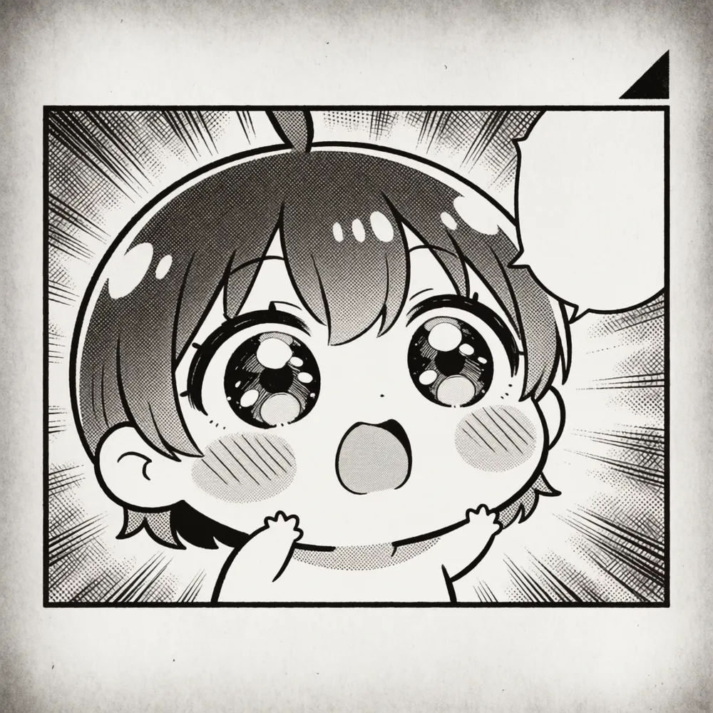 Chibi manga reaction panel with exaggerated proportions and bold outlines