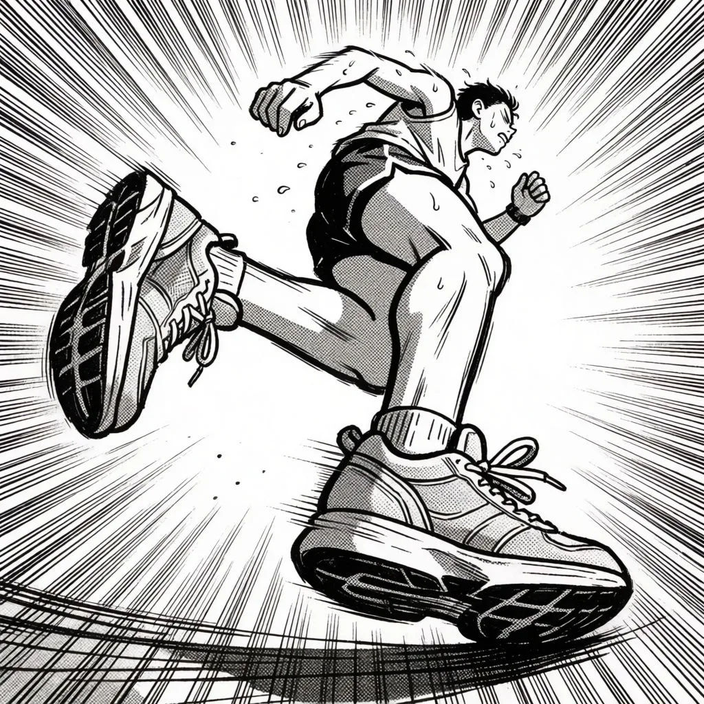 Black-and-white sports manga panel of a runner bursting forward with speed lines