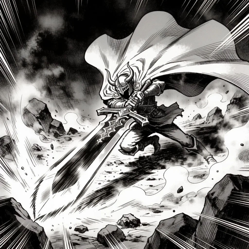 Black-and-white fantasy manga battle panel of a caped swordfighter mid-strike