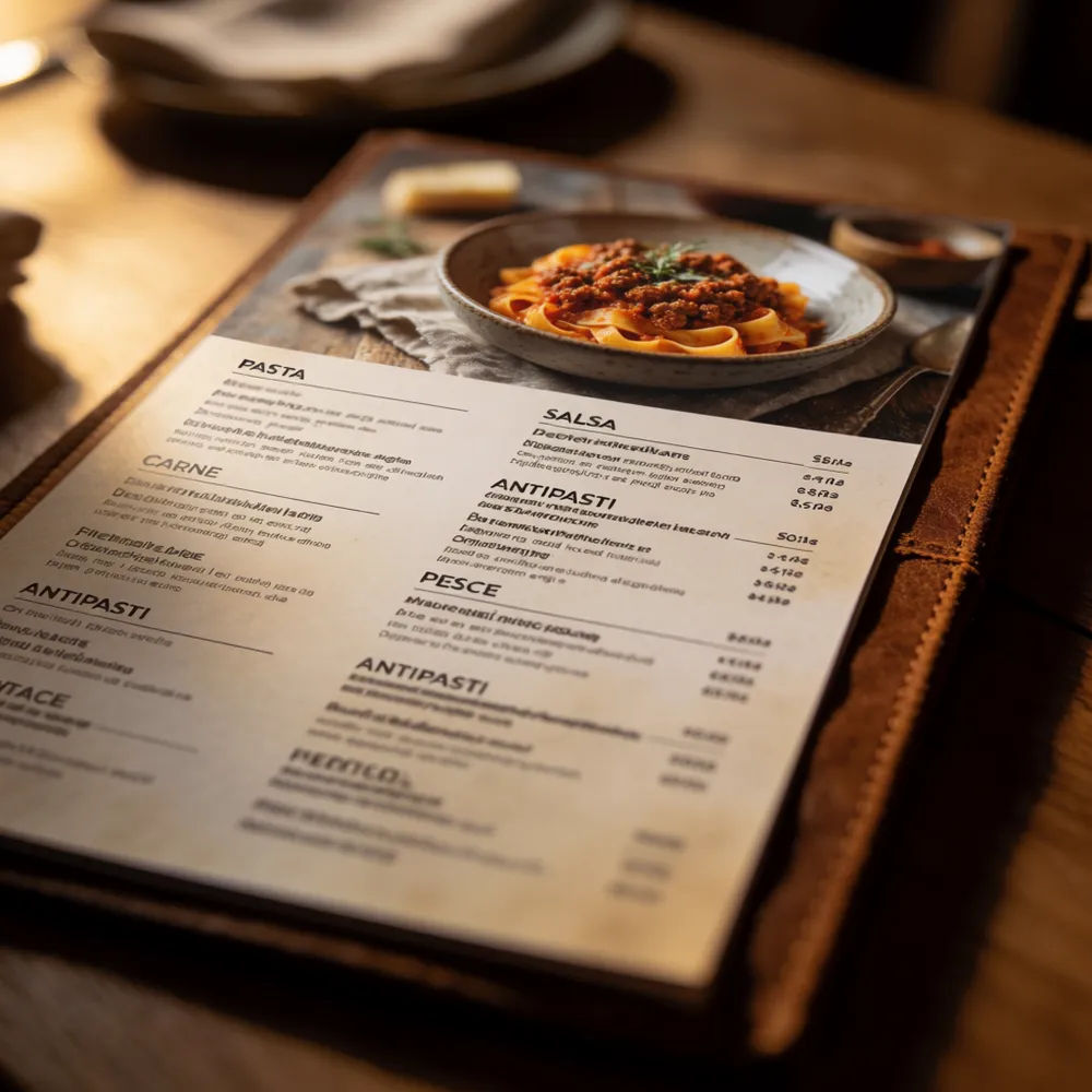 Rustic trattoria dinner menu with a warm palette and plated pasta photography