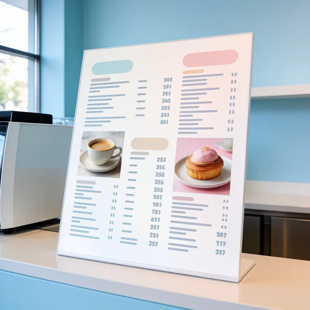 Bright modern cafe menu board with pastel colors and coffee and pastry photography