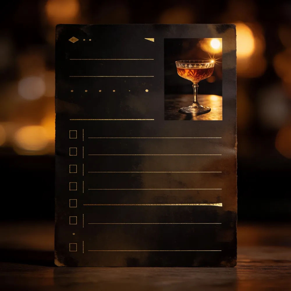 Dark speakeasy cocktail card with moody colors, gold accents, and cocktail photography