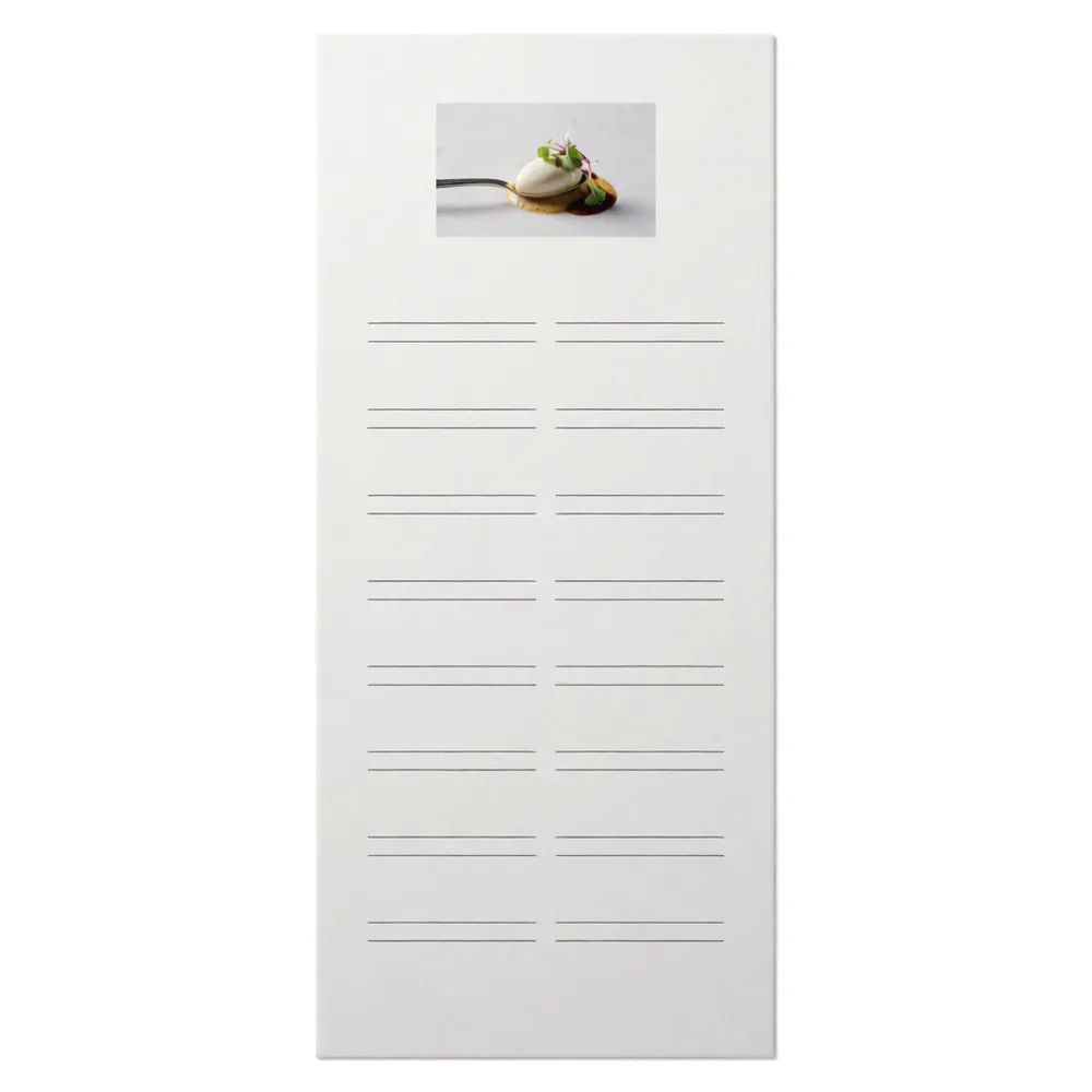 Sleek fine-dining tasting menu with a minimal white layout and an elegant plated dish