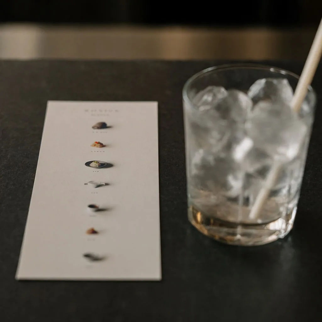 Sleek minimalist sushi bar menu card on a dark slate counter