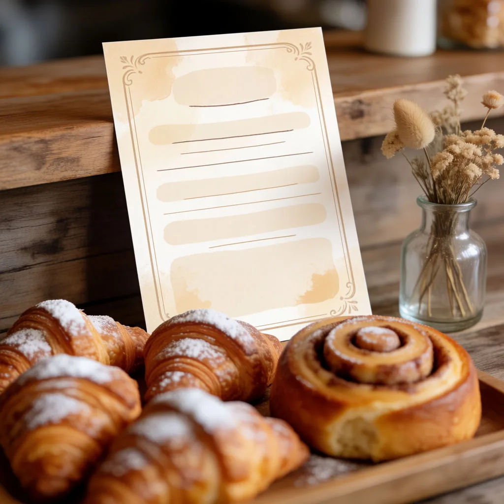 Warm bakery menu card standing beside pastries on a wooden counter